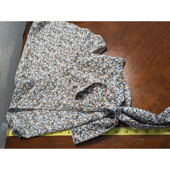 Shein Crop Top Medium Blue Orange Floral Tie Front Deep V Neck Flutter Sleeves - Picture 7 of 9